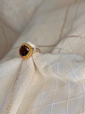 Vintage Smokey Quartz and Citrine Cocktail Ring 14K Gold with Diamonds Size 5